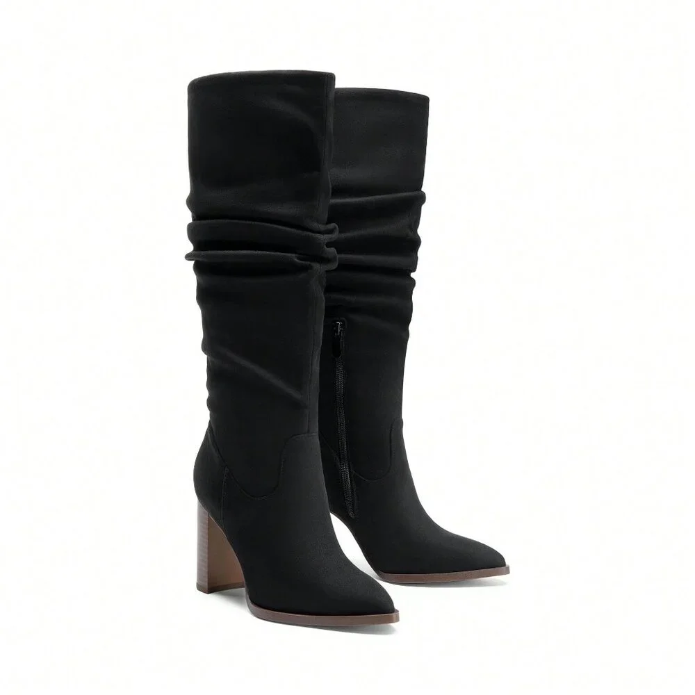 Black Elegant Women's Knee-High Pointed Toe Chunky Block Heel Suede With Side Zi - Picture 7 of 10